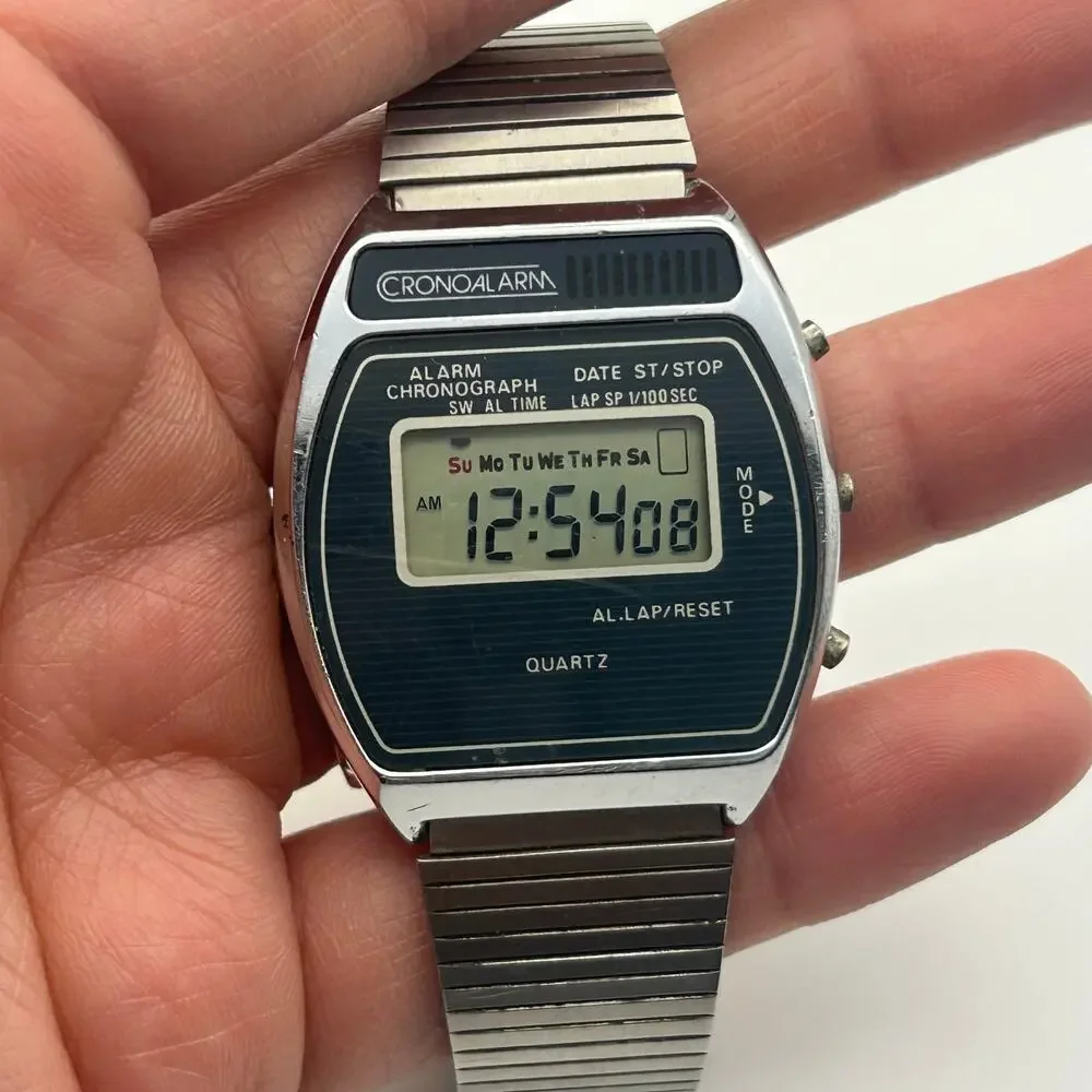 Vintage 1980s Cronoalarm Silver St. Steel Digital Quartz Watch New Battery